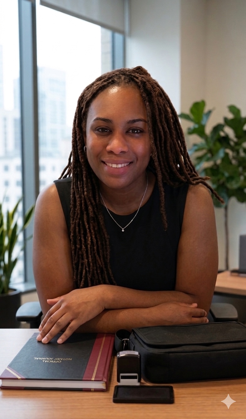 Tatiana Mallard seated at a desk with her notary journal and professional supplies